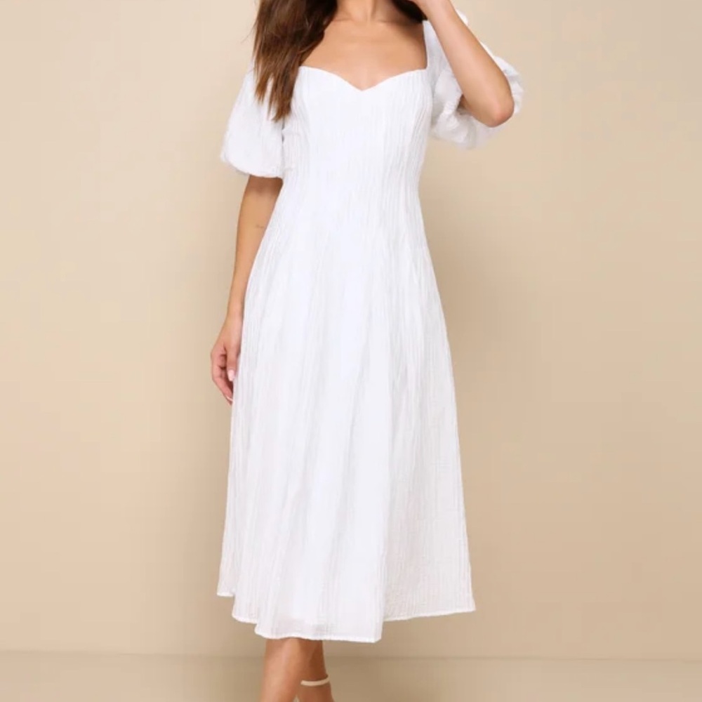 Heavenly Energy White Textured Puff Sleeve Pleated Midi Dress